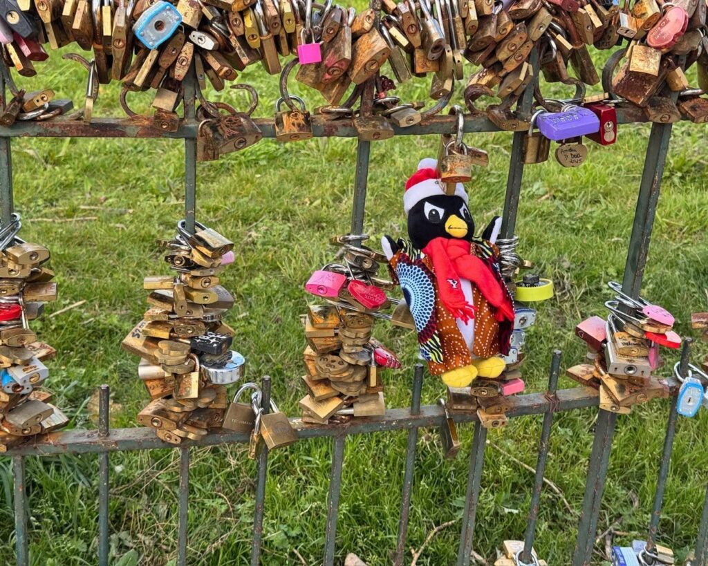 Penguin stuffed animal with padlocks on a fence in Paris.