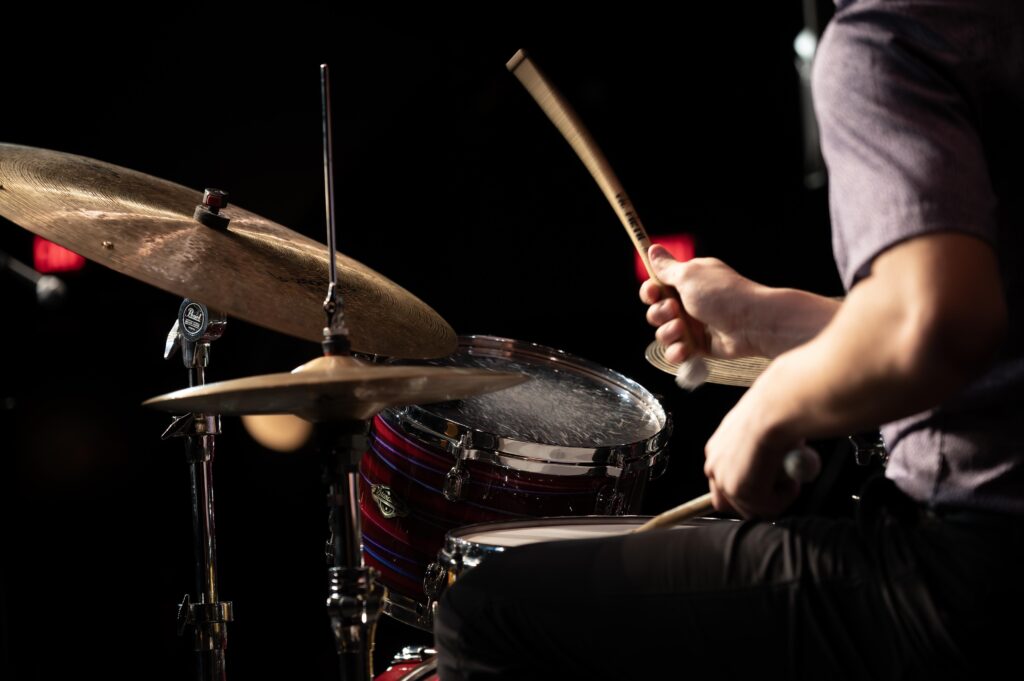 Details of student musician playing drumset during Jazz Combos performance, Spring 2026.