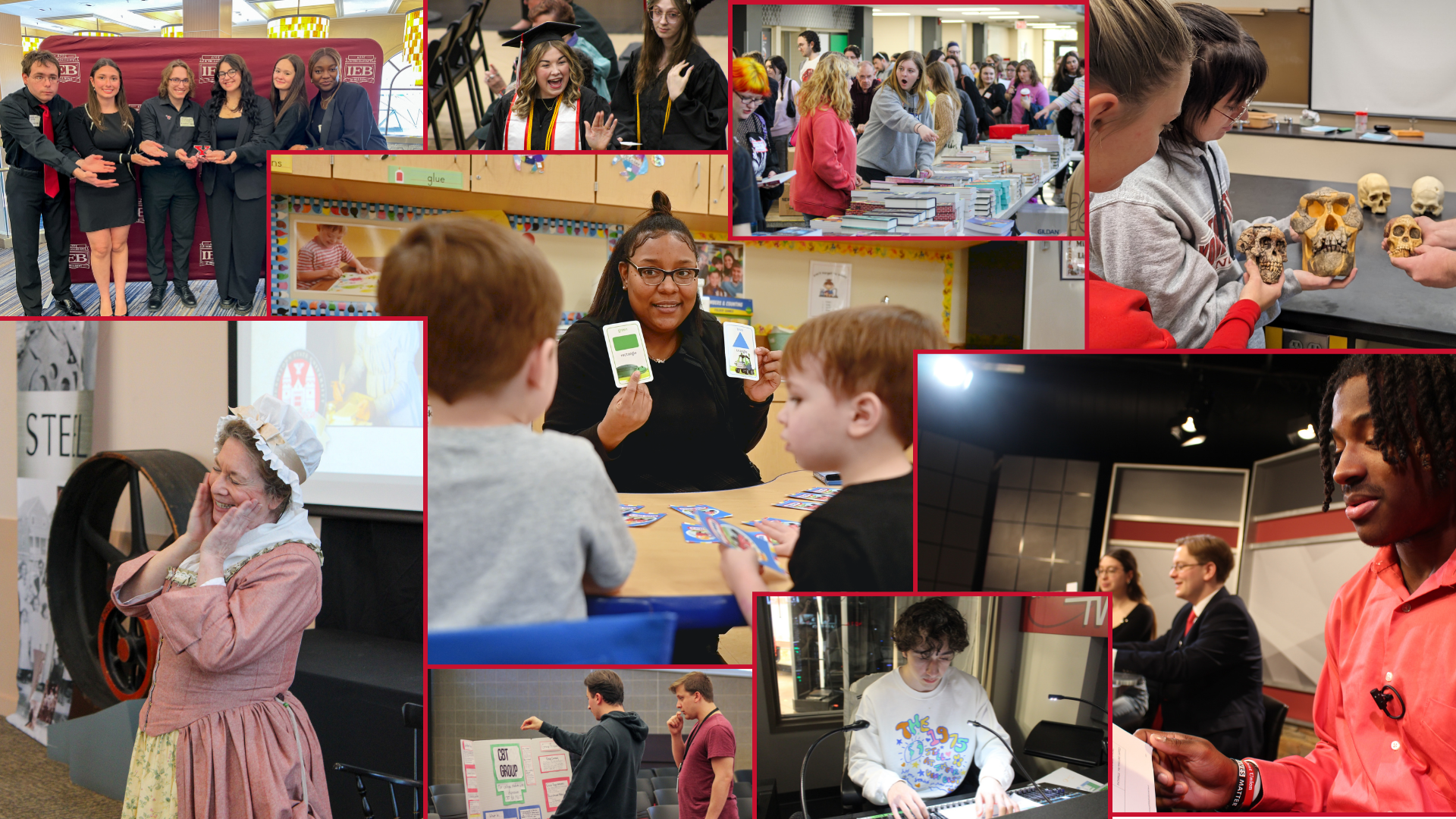Collage of images involving BCLASSE students teaching, inspecting model skeletons, at the national Ethics Bowl competition and more.