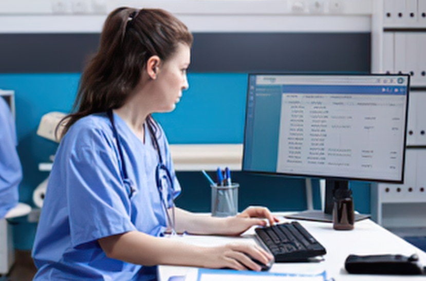 Healthcare professional working on patient records and documentation at a computer in a clinical setting.