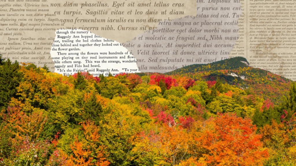 Book pages behind a New England landscape